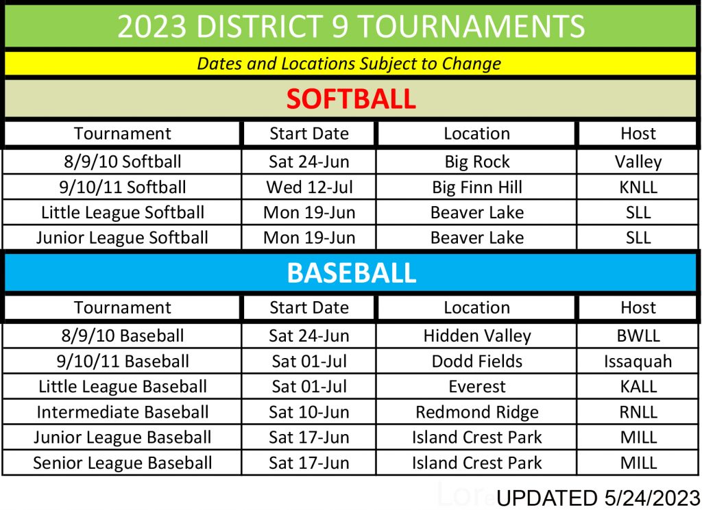 2023 TOURNAMENT DATES Washington District 9